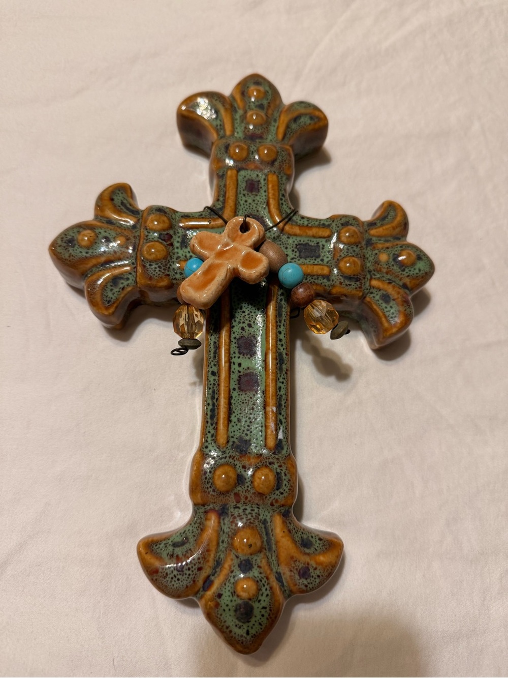 Ceramic Decorative Cross Wall Accent in Green, Brown & turquoise